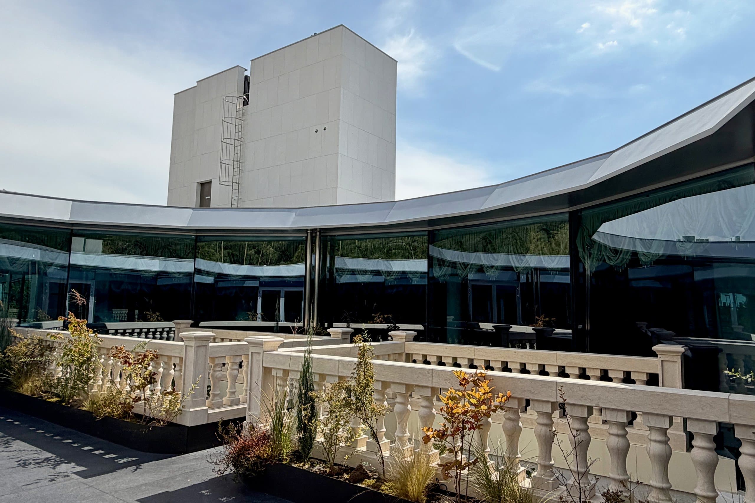 The pavilion terrace with the tower behind